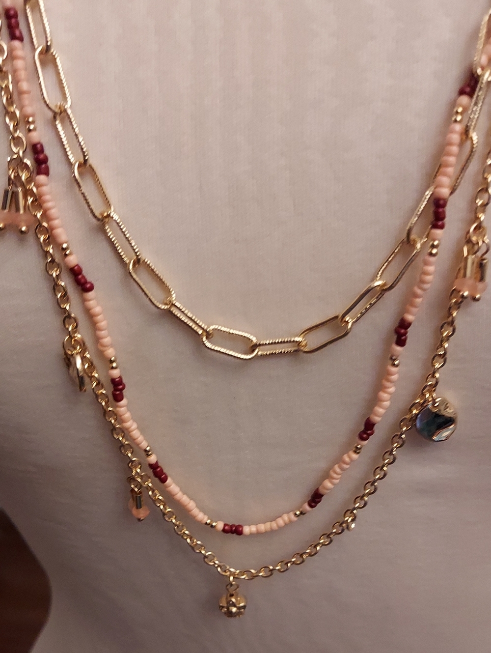 Beach Vacation Layered Necklace with Pink Red Bead Accents